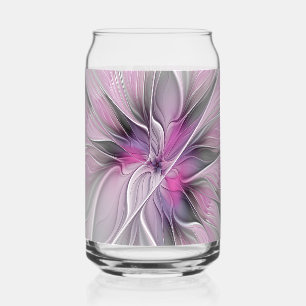 Floral Fractal Modern Abstract Flower Pink Gray Can Glass