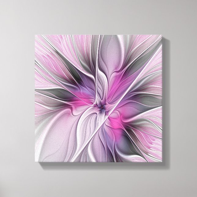 Floral Fractal Modern Abstract Flower Pink Gray Canvas Print (Front)