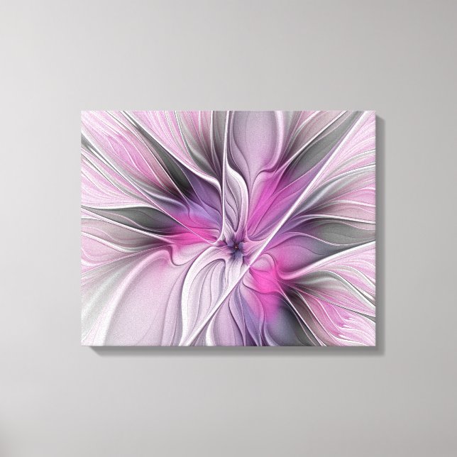 Floral Fractal Modern Abstract Flower Pink Gray Canvas Print (Front)