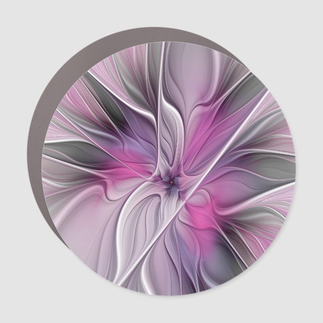Floral Fractal Modern Abstract Flower Pink Gray Car Magnet (Front)