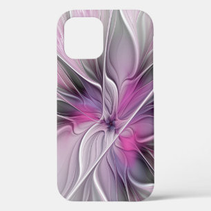 Floral Fractal Modern Abstract Flower Pink Gray iPhone 12 Case
