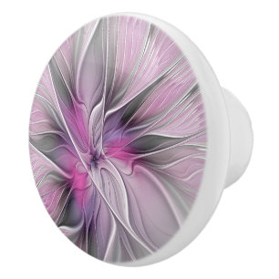 Floral Fractal Modern Abstract Flower Pink Gray Ceramic Knob