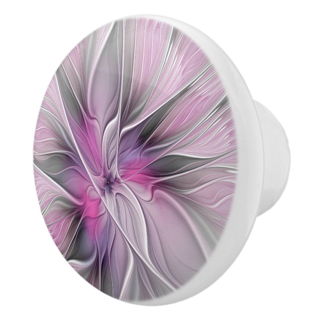 Floral Fractal Modern Abstract Flower Pink Gray Ceramic Knob (Right)