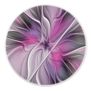 Floral Fractal Modern Abstract Flower Pink Gray Ceramic Knob