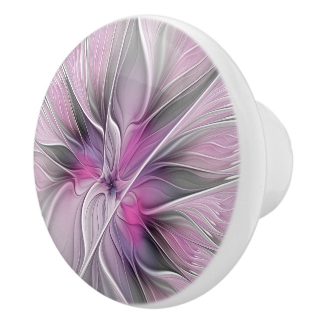 Floral Fractal Modern Abstract Flower Pink Gray Ceramic Knob (Right)
