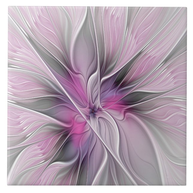 Floral Fractal Modern Abstract Flower Pink Gray Ceramic Tile (Front)
