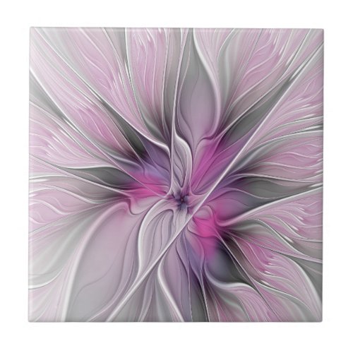 Floral Fractal Modern Abstract Flower Pink Gray Ceramic Tile