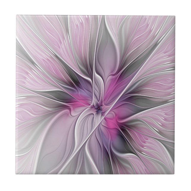 Floral Fractal Modern Abstract Flower Pink Gray Ceramic Tile (Front)