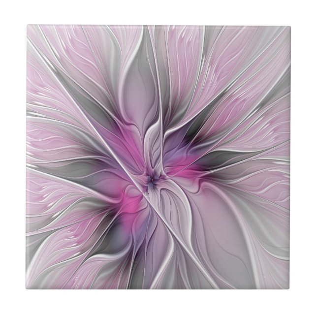 Floral Fractal Modern Abstract Flower Pink Gray Ceramic Tile (Front)