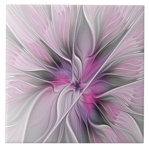 Floral Fractal Modern Abstract Flower Pink Gray Ceramic Tile