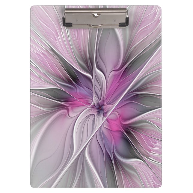 Floral Fractal Modern Abstract Flower Pink Gray Clipboard (Front)