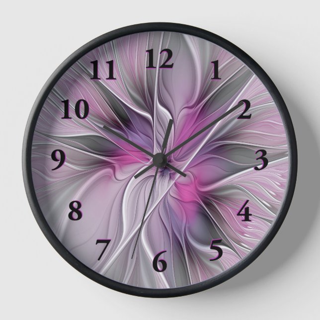 Floral Fractal Modern Abstract Flower Pink Gray Clock (Front)