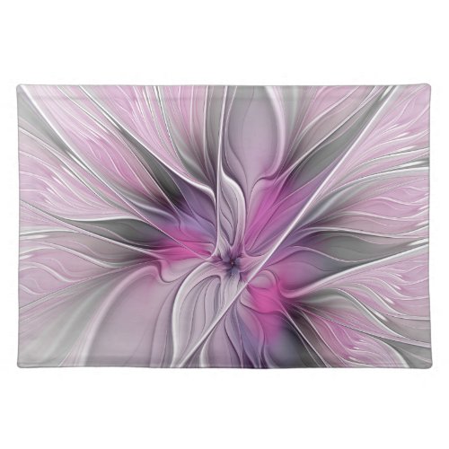 Floral Fractal Modern Abstract Flower Pink Gray Cloth Placemat