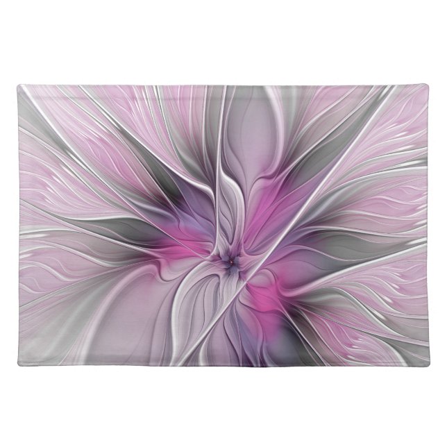 Floral Fractal Modern Abstract Flower Pink Gray Cloth Placemat (Front)