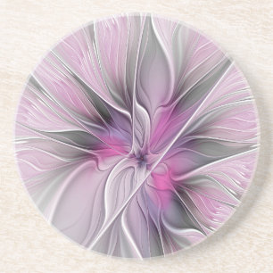 Floral Fractal Modern Abstract Flower Pink Gray Coaster