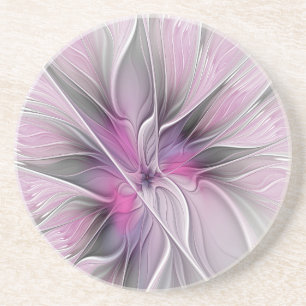 Floral Fractal Modern Abstract Flower Pink Gray Coaster