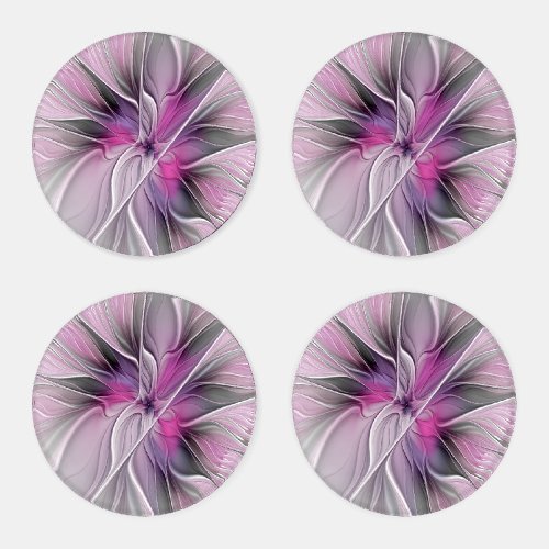 Floral Fractal Modern Abstract Flower Pink Gray Coaster Set