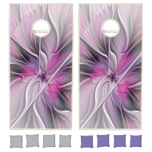 Floral Fractal Modern Abstract Flower Pink Gray Cornhole Set