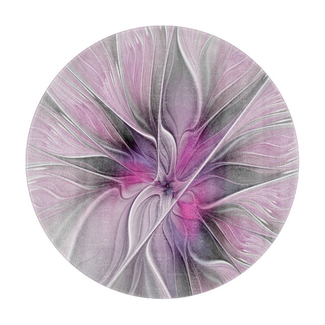 Floral Fractal Modern Abstract Flower Pink Gray Cutting Board (Front)