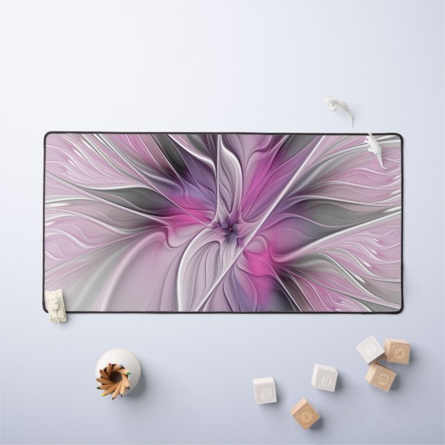Floral Fractal Modern Abstract Flower Pink Gray Desk Mat (Kids Table)