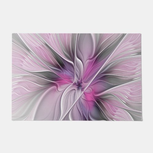 Floral Fractal Modern Abstract Flower Pink Gray Doormat