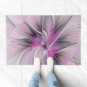 Floral Fractal Modern Abstract Flower Pink Gray Doormat