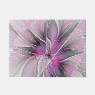 Floral Fractal Modern Abstract Flower Pink Gray Doormat