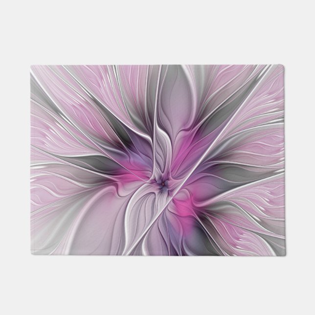 Floral Fractal Modern Abstract Flower Pink Gray Doormat (Front)