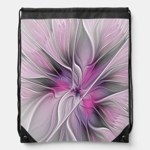 Floral Fractal Modern Abstract Flower Pink Gray Drawstring Bag