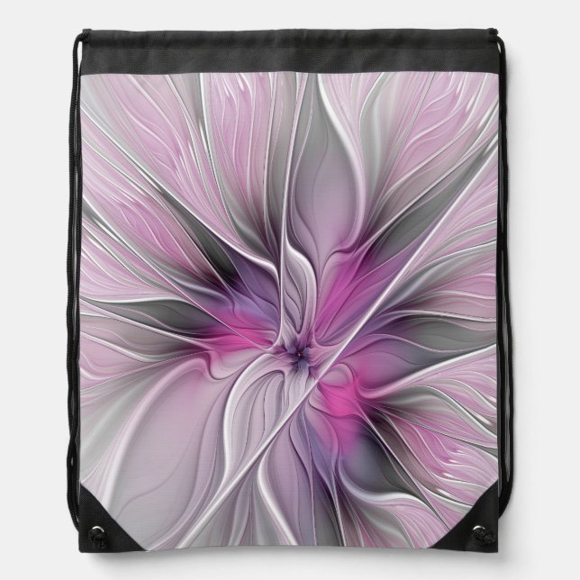 Floral Fractal Modern Abstract Flower Pink Gray Drawstring Bag (Front)