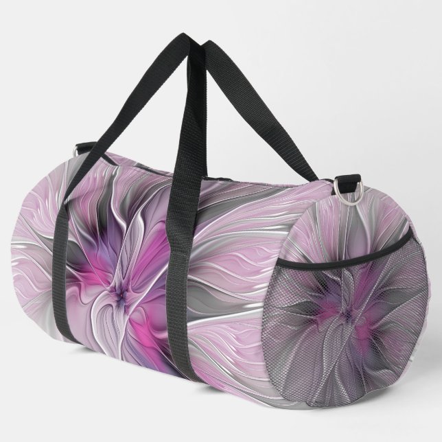 Floral Fractal Modern Abstract Flower Pink Gray Duffle Bag (Right Corner)