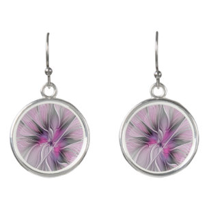 Floral Fractal Modern Abstract Flower Pink Gray Earrings