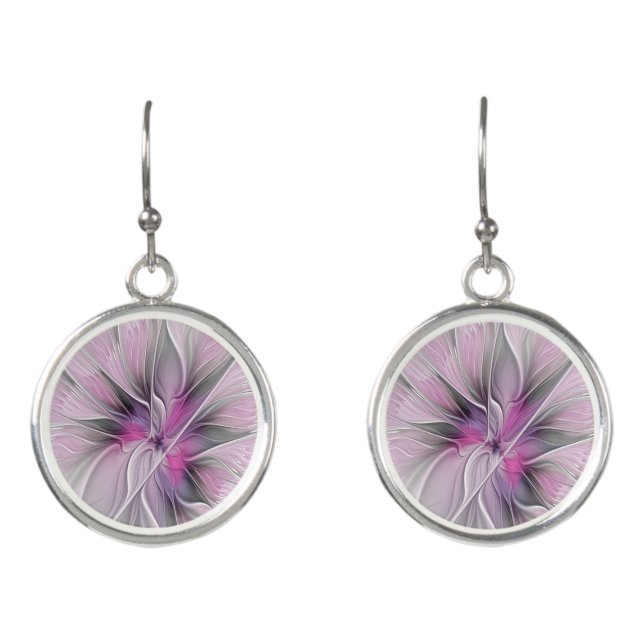 Floral Fractal Modern Abstract Flower Pink Gray Earrings (Front)