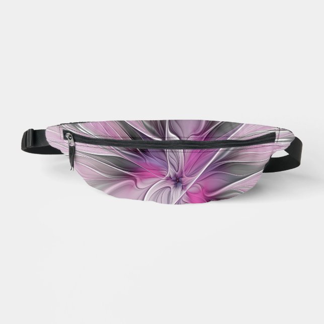 Floral Fractal Modern Abstract Flower Pink Gray Fanny Pack (Front)