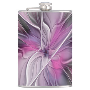 Floral Fractal Modern Abstract Flower Pink Gray Flask