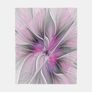 Floral Fractal Modern Abstract Flower Pink Gray Fleece Blanket