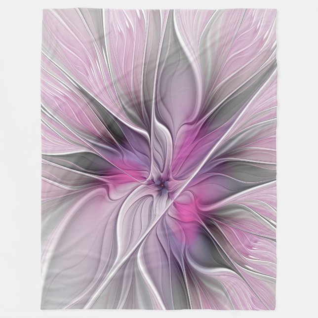 Floral Fractal Modern Abstract Flower Pink Gray Fleece Blanket (Front)