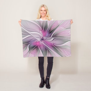 Floral Fractal Modern Abstract Flower Pink Gray Fleece Blanket