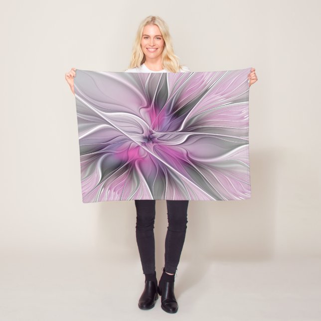 Floral Fractal Modern Abstract Flower Pink Gray Fleece Blanket (In Situ)