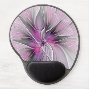 Floral Fractal Modern Abstract Flower Pink Gray Gel Mouse Pad