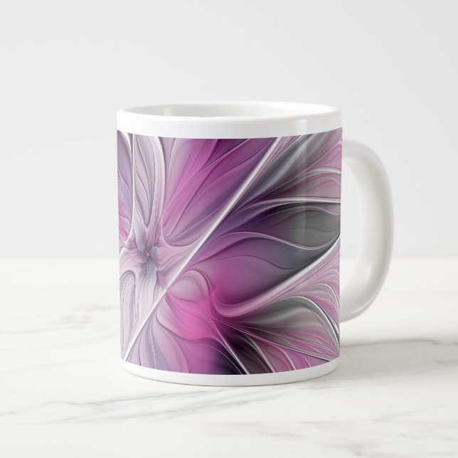 Floral Fractal Modern Abstract Flower Pink Gray Giant Coffee Mug (Front Right)
