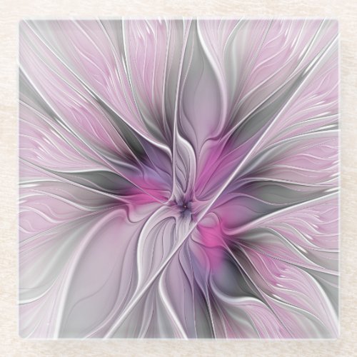 Floral Fractal Modern Abstract Flower Pink Gray Glass Coaster