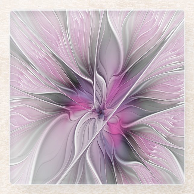 Floral Fractal Modern Abstract Flower Pink Gray Glass Coaster (Front)