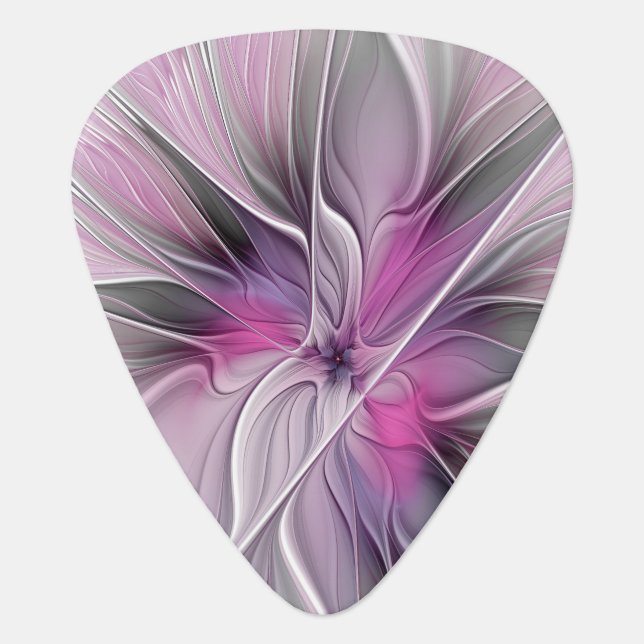 Floral Fractal Modern Abstract Flower Pink Gray Guitar Pick (Front)