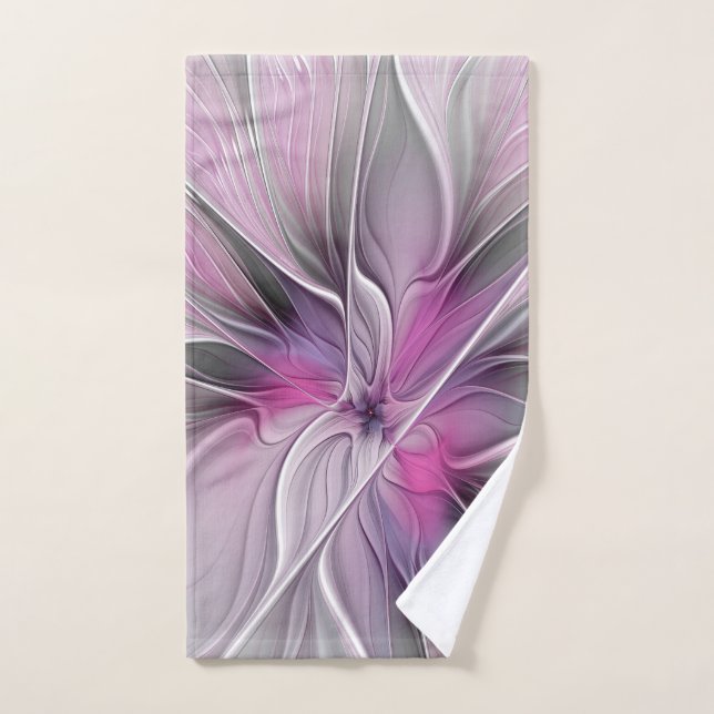 Floral Fractal Modern Abstract Flower Pink Gray Hand Towel (Hand Towel)