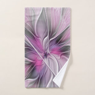Floral Fractal Modern Abstract Flower Pink Gray Hand Towel