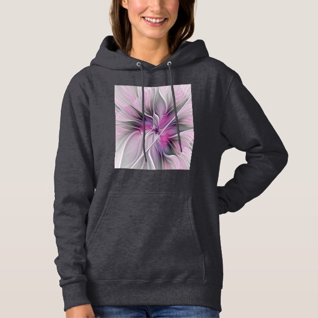 Floral Fractal Modern Abstract Flower Pink Gray Hoodie (Front)
