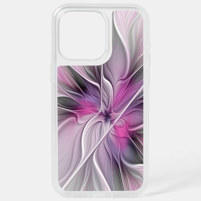 Floral Fractal Modern Abstract Flower Pink Gray iPhone 15 Pro Max Case (Back)