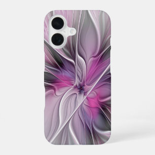 Floral Fractal Modern Abstract Flower Pink Gray iPhone 16 Case