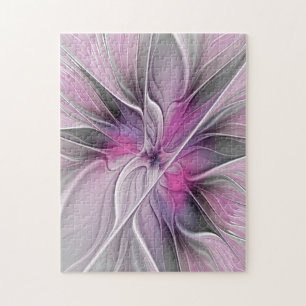 Floral Fractal Modern Abstract Flower Pink Gray Jigsaw Puzzle